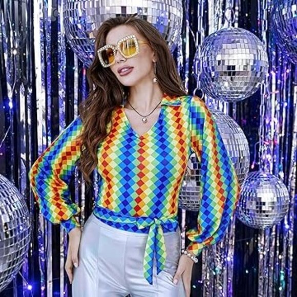 NWT Joy Bang 70s Disco Costume Set Size S with Rainbow Top Silver Bell-Bottoms - Picture 7 of 8